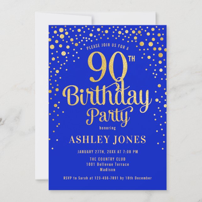 Invitation Fête du 90e anniversaire - Royal Blue & Gold (Devant)