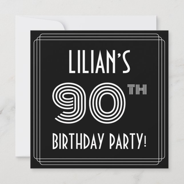 Invitation Fête du 90e anniversaire : Style Art Déco avec nom (Devant)