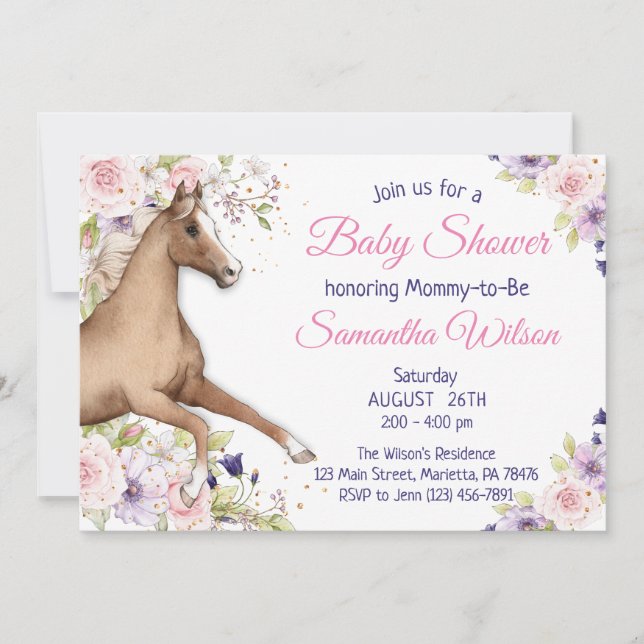 Invitation Fête du Baby shower Floral Horse (Devant)