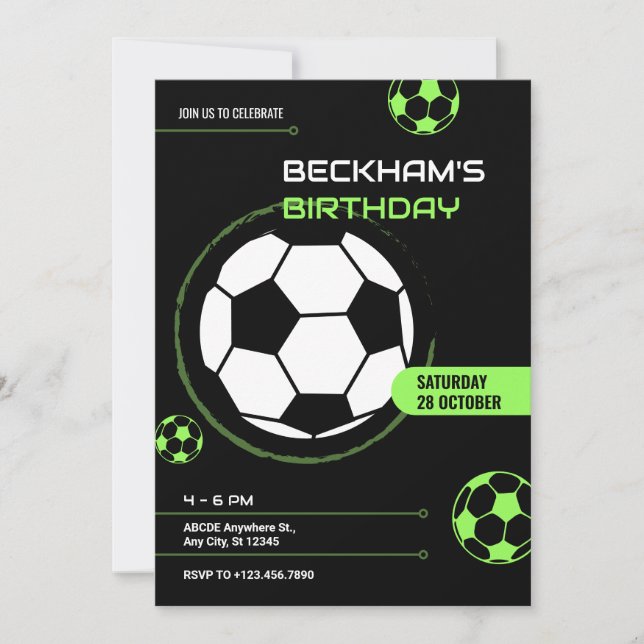 Invitation Fête du ballon de football noir et vert (Devant)