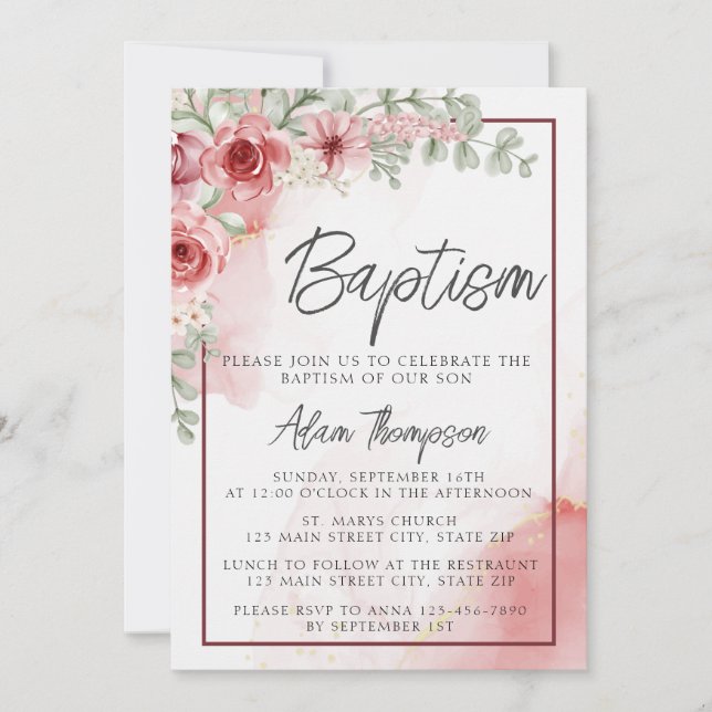Invitation Fête du baptême de l'aquarelle florale Rose (Devant)