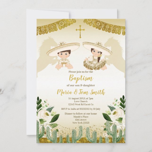Invitation Fête du Baptême des Cactus d'or Twin (Devant)
