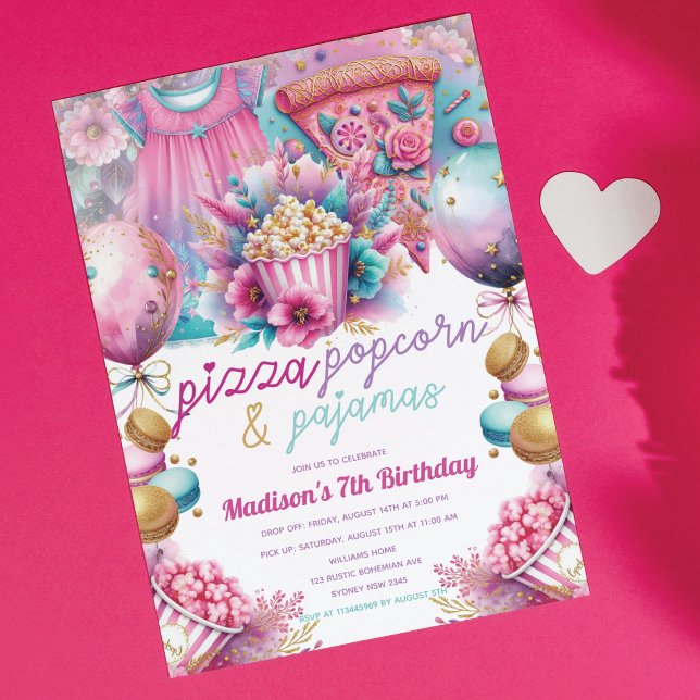 Invitation Fête du bois Anniversaire Pizza Popcorn & Pyjamas (Créateur téléchargé)