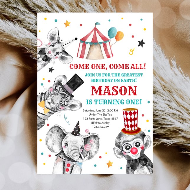 Invitation Fête du cirque Animaux Fête du carnaval Premier an (Créateur téléchargé)