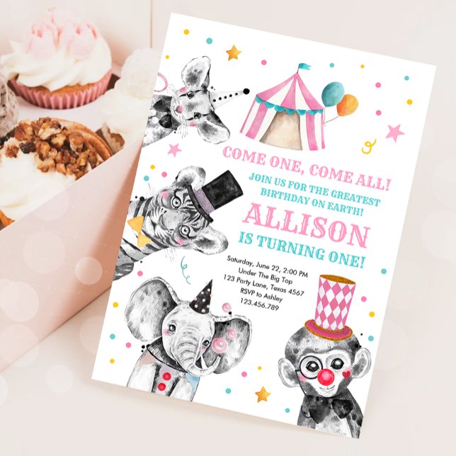 Invitation Fête du cirque Animaux Fête du carnaval Premier an (Créateur téléchargé)