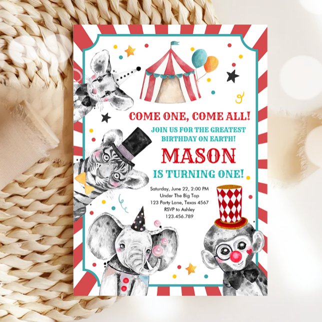Invitation Fête du cirque Animaux Fête du carnaval Premier an (Créateur téléchargé)