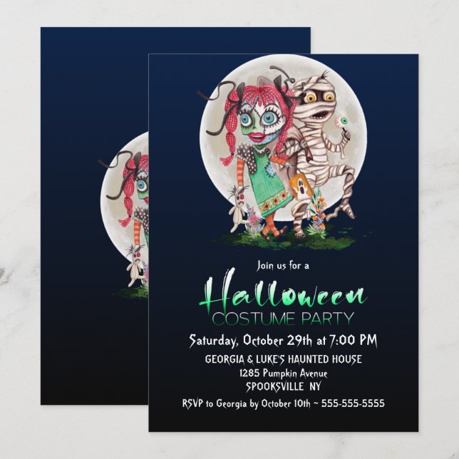 Invitation Fête du costume d'Halloween pour poupée de momie e (Devant / Derrière)