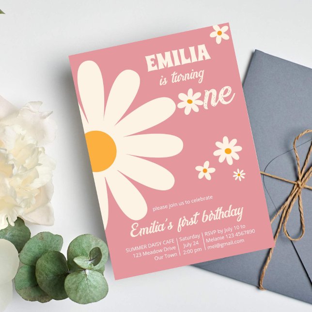 Invitation Fête du désert rétro 1er anniversaire rose poussié (Groovy retro daisy first birthday party template invitation instant download dusty desert pink)