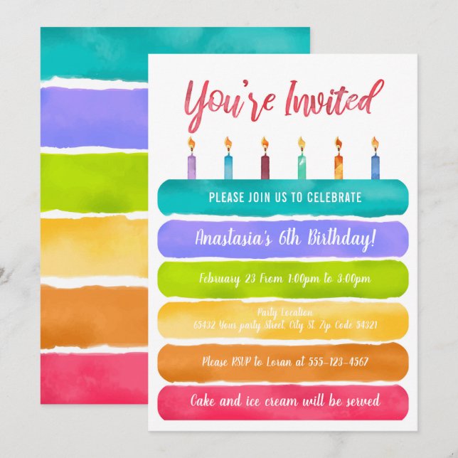 Invitation Fête du gâteau d'anniversaire Rainbow (Devant / Derrière)