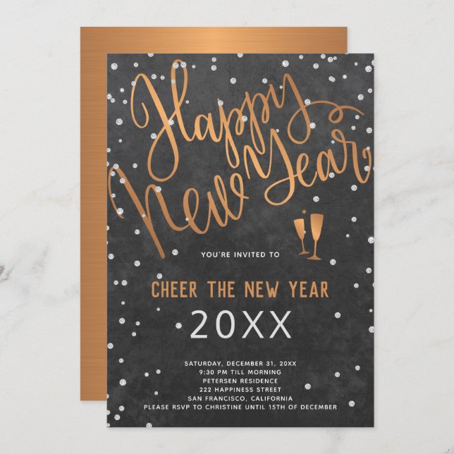 Invitation Fête du Jour de l'An du Chalkboard de cuivre (Devant / Derrière)