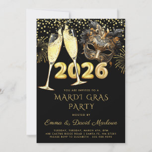 Invitation Fête du Mardi Gras 2026 Paillettes Noir Or