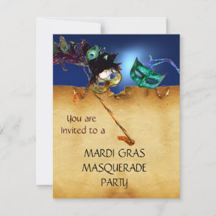 Invitation FÊTE DU MARDI GRAS MASQUERADE parchment Jaune bleu