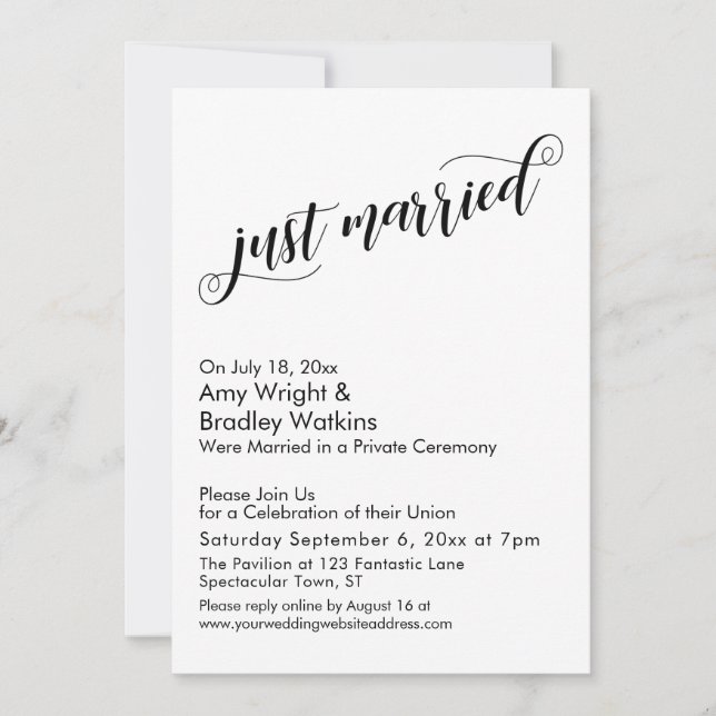 Invitation Fête du Mariage de la poste de script juste marié (Devant)