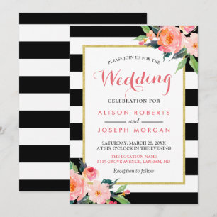 Invitation Fête du Mariage floral moderne Black Stripes