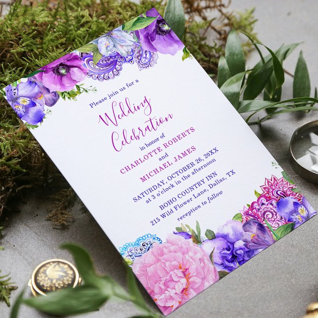 Invitation Fête du Mariage Floral Purple Paisley (Créateur téléchargé)