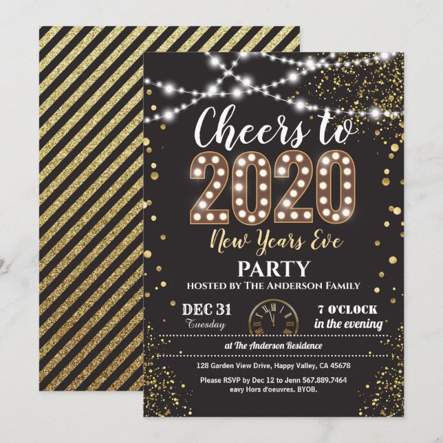 Invitation Fête du Nouvel An 2020 noir et or acclamations (Devant / Derrière)
