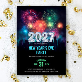 Invitation Fête du Nouvel An 2027 Élégante avec Feux d'Artifi