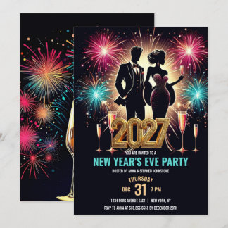 Invitation Fête du Nouvel An 2027 Glamour avec Feu d'Artifice