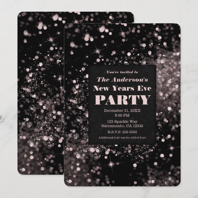 Invitation Fête du Nouvel An aux lumières scintillantes Black (Devant / Derrière)