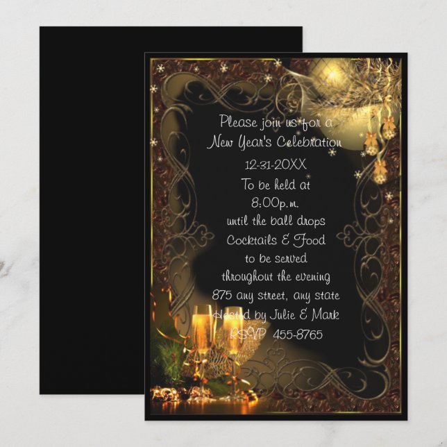 Invitation Fête du Nouvel An avec Champagne Black Gold tendan (Devant / Derrière)