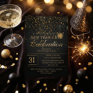 Invitation Fête du Nouvel An avec Confettis Noir et Or