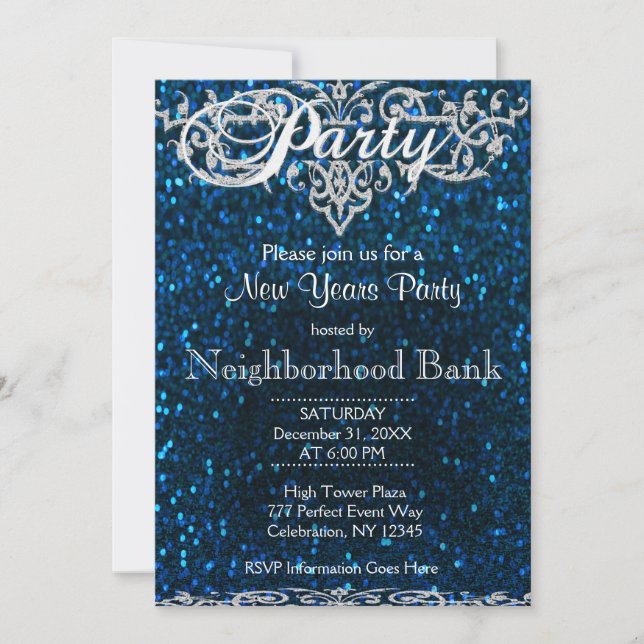 Invitation Fête du Nouvel An | Bleu et argent (Devant)