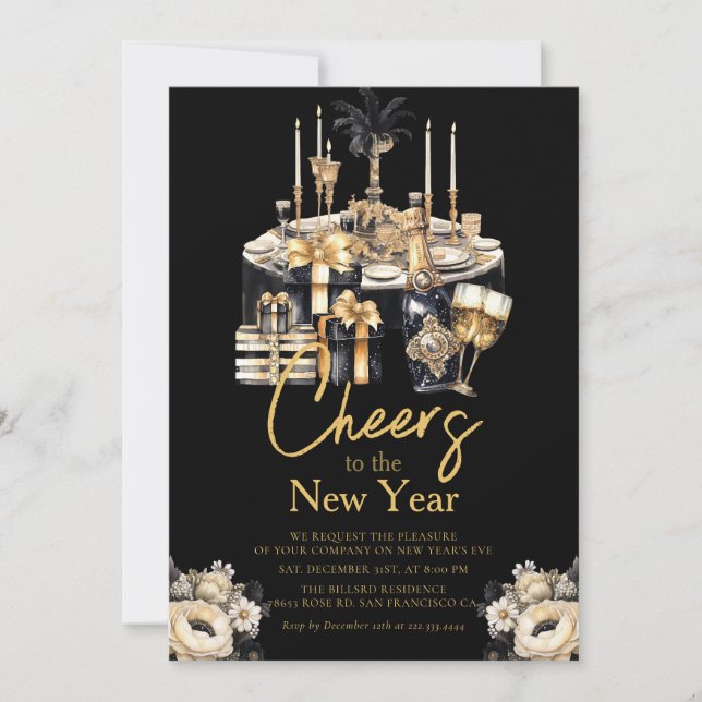 Invitation Fête du Nouvel An Champagne Gold Noir (Devant)