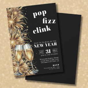 Invitation Fête du Nouvel An Champagne Or Noir Pop