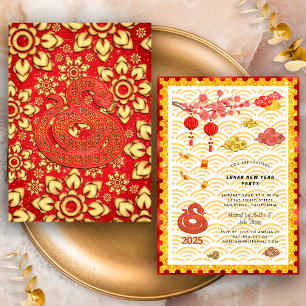 Invitation Fête du Nouvel An Chinois 2025 Serpent Floral Or R