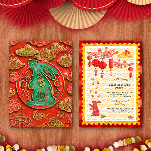 Invitation Fête du Nouvel An Chinois du Lapin en Or Rouge