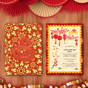 Invitation Fête du Nouvel An Chinois du Serpent Or Rouge Zodi