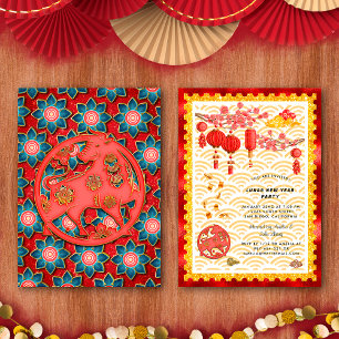 Invitation Fête du Nouvel An Chinois du zodiaque du bœuf flor