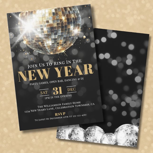 Invitation Fête du Nouvel An de Black Gold (Black Gold New Year's Eve Celebration Party Invitation)