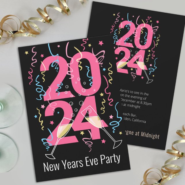 Invitation Fête du Nouvel An de lunettes de champagne 2024 (Créateur téléchargé)