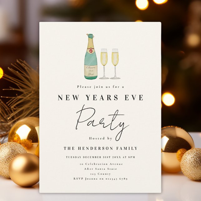 Invitation Fête du Nouvel An Moderne Simple (Minimalist watercolor New Year’s Eve party invitation )