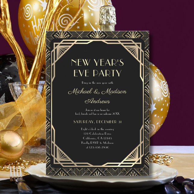 Invitation Fête du Nouvel An Noir et Or (Créateur téléchargé)