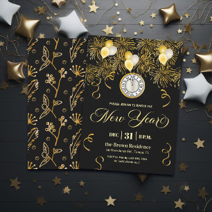 Invitation Fête du Nouvel An pailletée de noir et d'or 