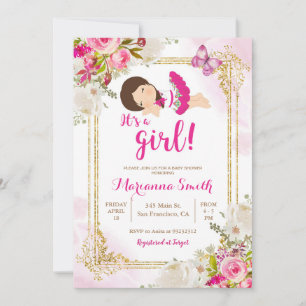 Invitation Fête du Papillon Fleurs Roses Mexicaines Baby Show