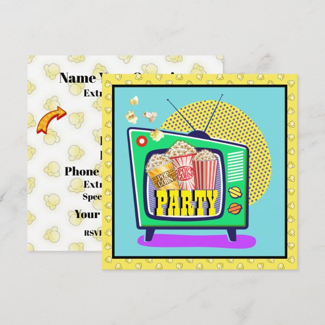 Invitation Fête du Popcorn / Soirée Cinéma / Pyjama Party, et (Devant / Derrière)