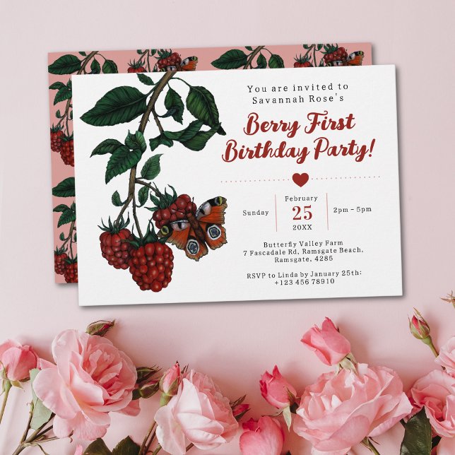 Invitation Fête du premier anniversaire de la mignonne frambo (Berry first birthday party invitations with a beautiful illustration of a butterfly on a raspberry)