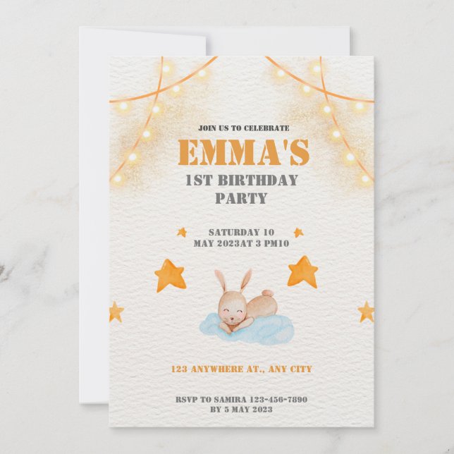 Invitation Fête du premier anniversaire du lapin d'aquarelle (Devant)
