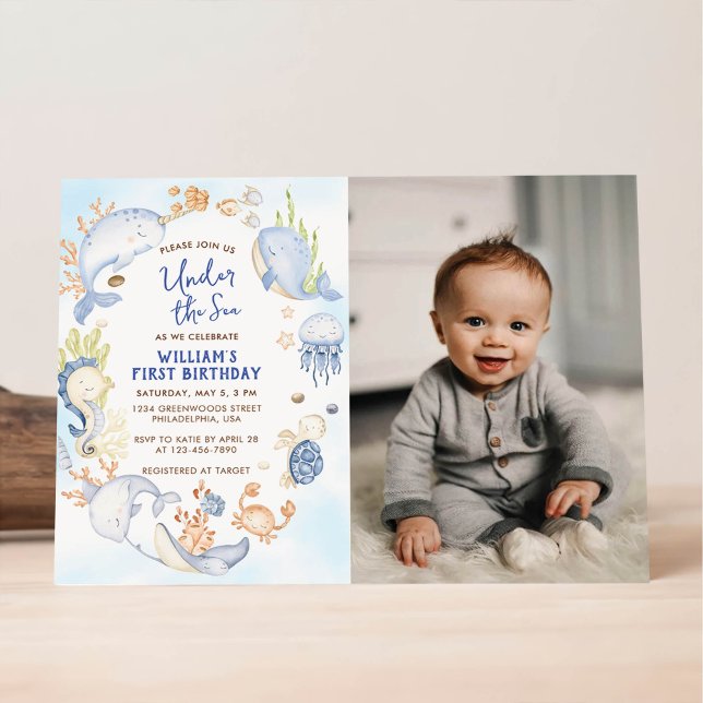 Invitation Fête du premier anniversaire garçon bleu sous la m (Créateur téléchargé)