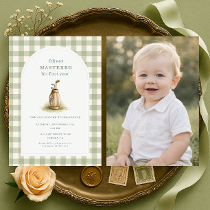 Invitation Fête du premier anniversaire photo Gingham maîtris