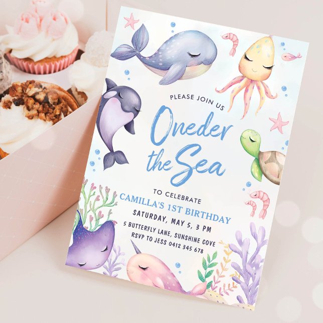 Invitation Fête du Premier Anniversaire Sous l'Océan Bleu Gar (Créateur téléchargé)