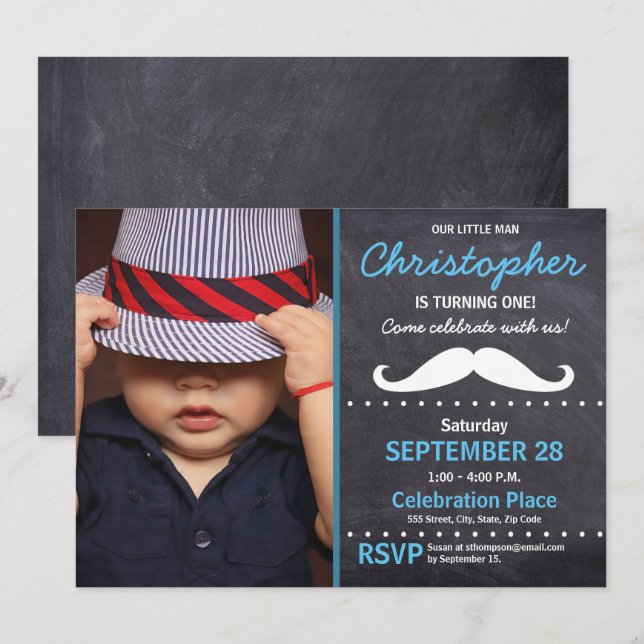 Invitation Fête du premier anniversaire, thème de la Moustach (Devant / Derrière)