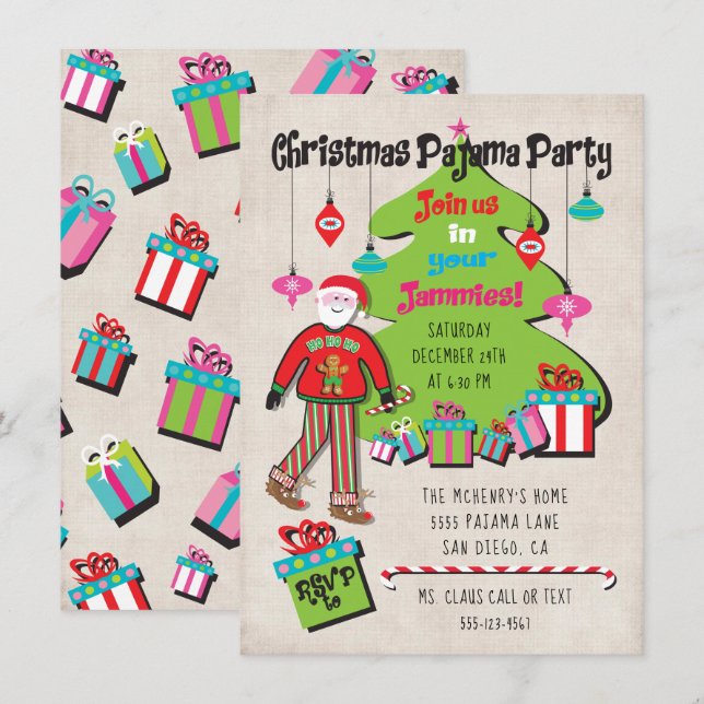 Invitation Fête du pyjama de Noël avec Père Noël et cadeaux (Devant / Derrière)