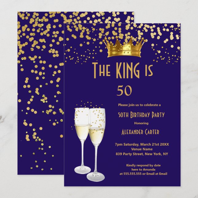 Invitation Fête du roi 50 ans Royal blue Champagne (Devant / Derrière)