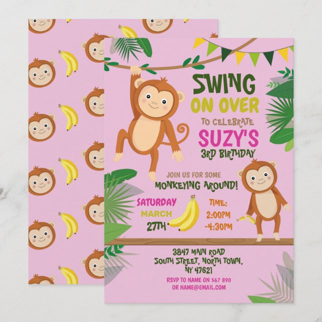 Invitation Fête du singe Anniversaire Coudre sur la fille ros (Devant / Derrière)