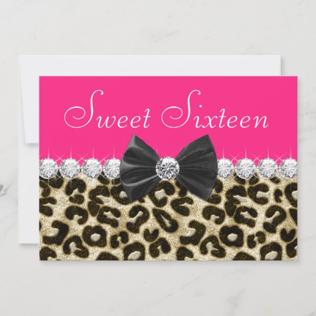 Invitation Fête du Sweet sixteen léopard rose chaud (Devant)