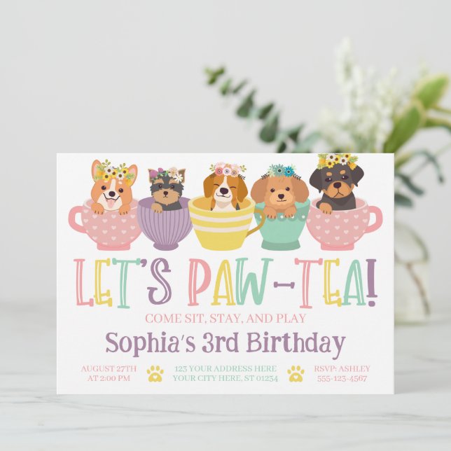 Invitation Fête du thé de chien Anniversaire (Debout devant)